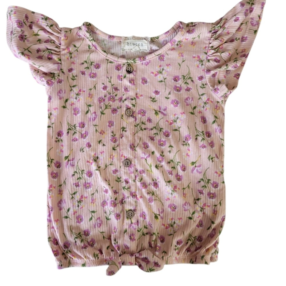btween Pink and Purple Floral Blouse with Ruffle Sleeves